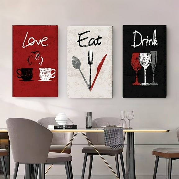 3pcs frameless printed 3pcs set of red kitchen decoration painting "love to eat and drink" canvas wall art picture set, restaurant chef wall decoration