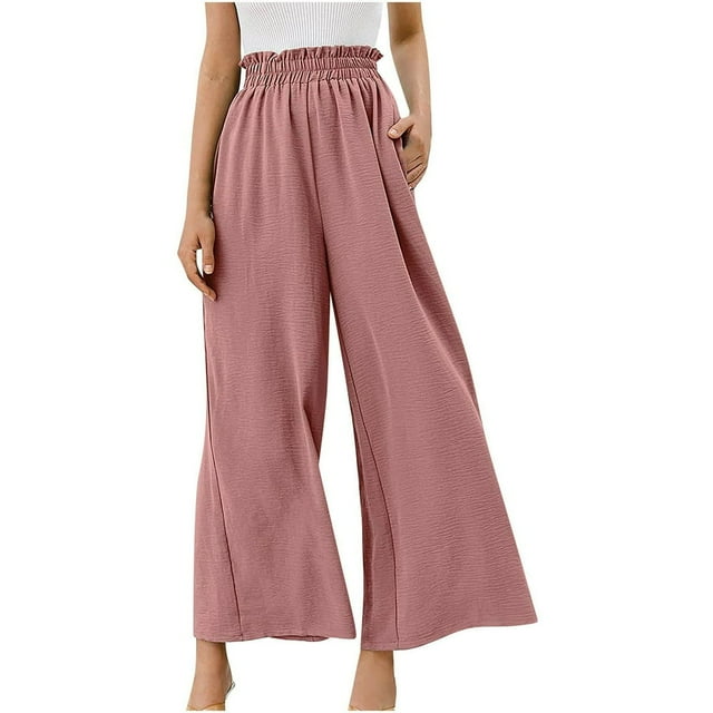 Womens Linen Wide Leg Pants Elastic Waisted Baggy Loose Beach Trousers with Pockets