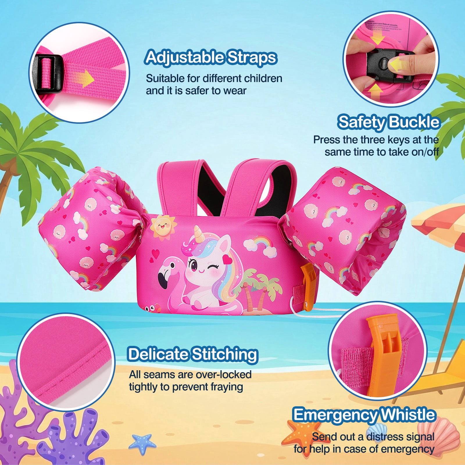 MoKo Kids Swim Vest with Armbands, Toddler Floaties 20-50 lbs, 2-7 Years Girls Boy, Deep Pink Unicorn