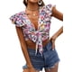 thumbnail image 2 of VISgogo Blusa de manga corta con volantes para mujer, blusas cortas estilo festivo con nudo de corbata frontal estampado floral, blusas simples informales VISgogo  moda, 2 of 7