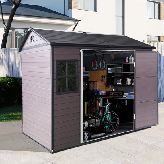 8x6 ft Heavy-Duty Waterproof Resin Storage Shed with Floor, 2 Windows & Lockable Door – for Patio & Backyard, Brown.