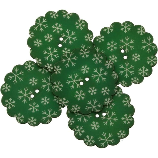 Mibo 5pcs Nylon Resin - Daisy Shape - Festive Holiday Button - Laser Engraved - Snowflakes Pattern - 2 Hole - 64L(40mm) - Green