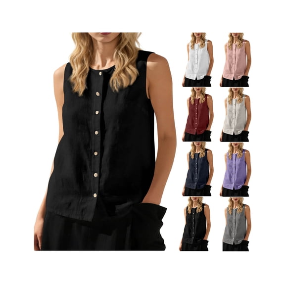 Women's Linen Tank Tops Summer Casual Button Down Vest Loose Lightweight Sleeveless Top Beach Travel Boho Outfits