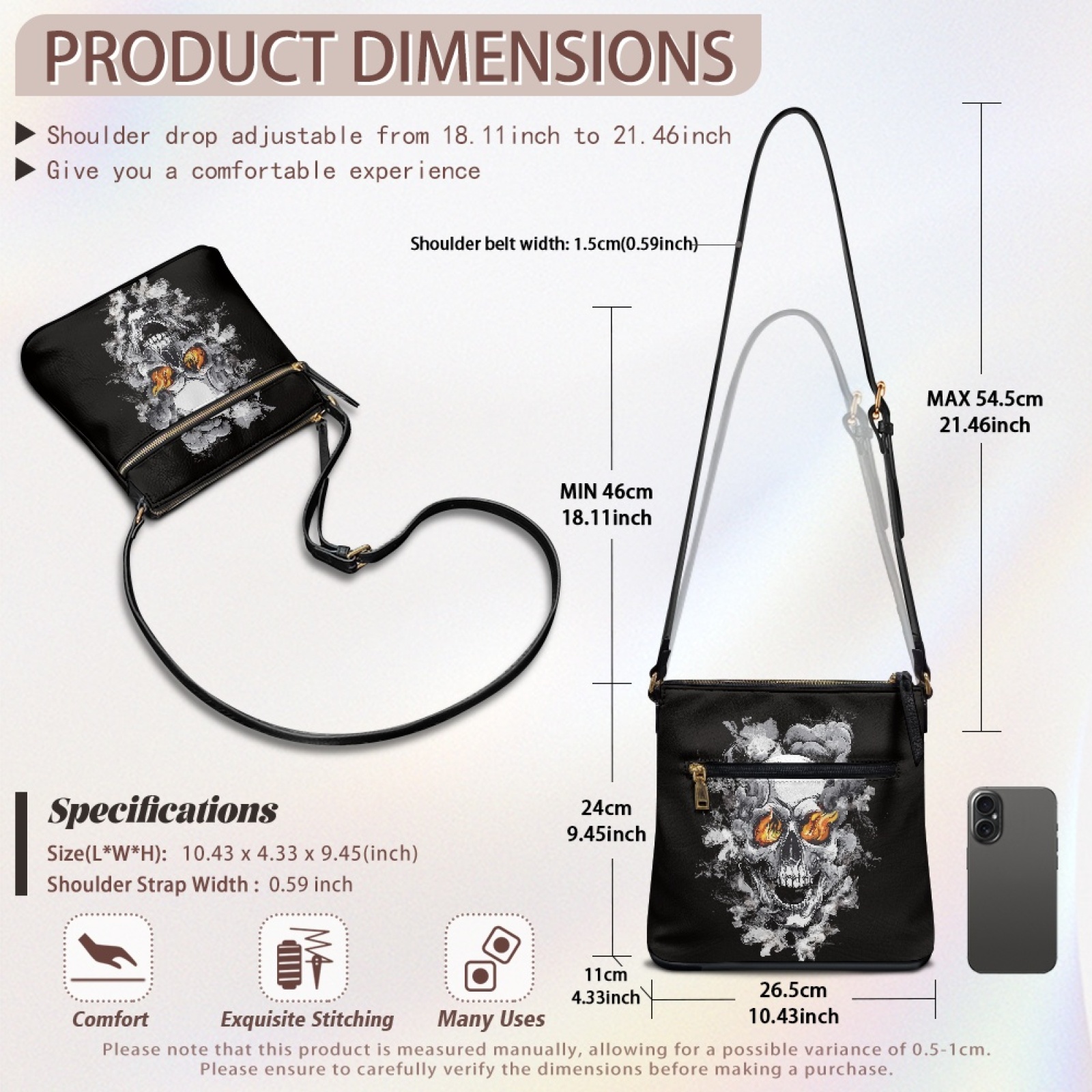 LedBack Skull Print Crossbody Purse for Women Leather Hobo Bag Satchel Handbag, Zipper Shoulder Purse with Adjustable Shoulder Strap Multi Pocket, Black and Grey