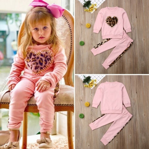 2019 Autumn Baby Girl Clothes Toddler Kid Baby Girl Winter Clothes Leopard love Tops Long Pants Outfit Tracksuit