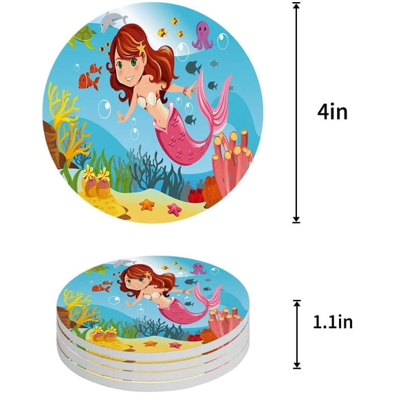 FMSHPON Mermaid Fairy Tale Girls and Fish in Ocean Set of 8 Round Coaster for Drinks, Absorbent Ceramic Stone Coasters Cup Mat with Cork Base for Home Kitchen Room Coffee Table Bar Decor