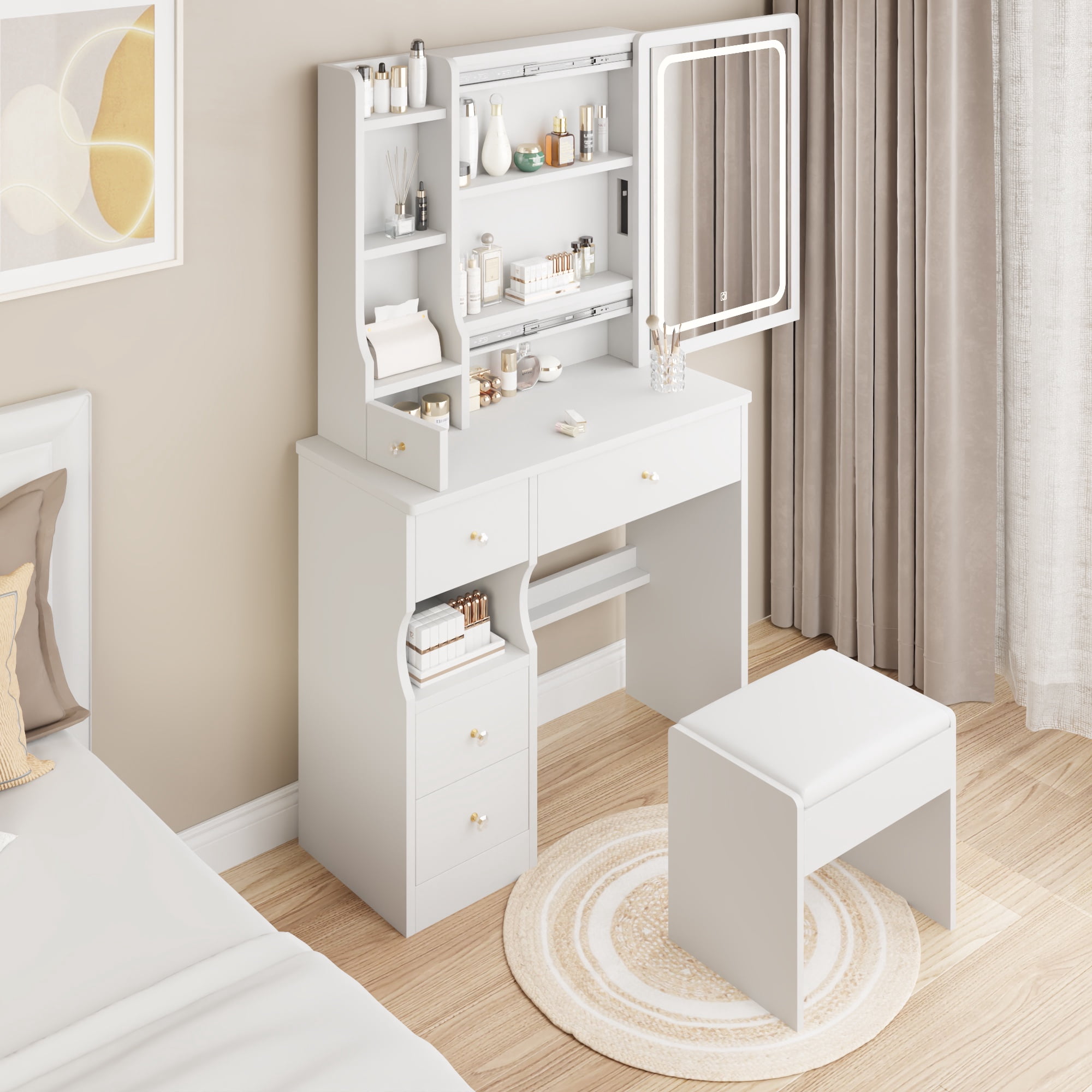 PORKISS Vanity Set with Sliding LED Mirror for Girls, Vanity Desk with Cushioned Stool and 4 Storage Drawers, Multi-Layer Shelves, Dressing Table for Small Bedroom, White