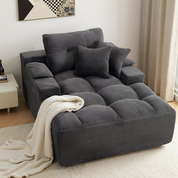 Oversized Chaise Lounge Chair Indoor, Plush Sleeper Sofa Couch Reading Chairs with Throw Pillows and Removable Armrest Pads for Living Room, No Assembly Required, Gray