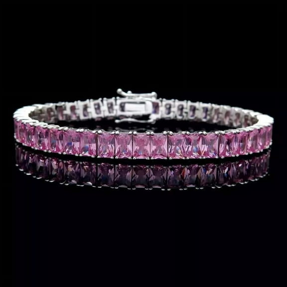Emerald Cut Lab Pink Sapphire Tennis Bracelet 14k White Gold Plated Sapphire Promise Jewelry Octagon Bracelet Pink Gemstone Wedding Bracelet