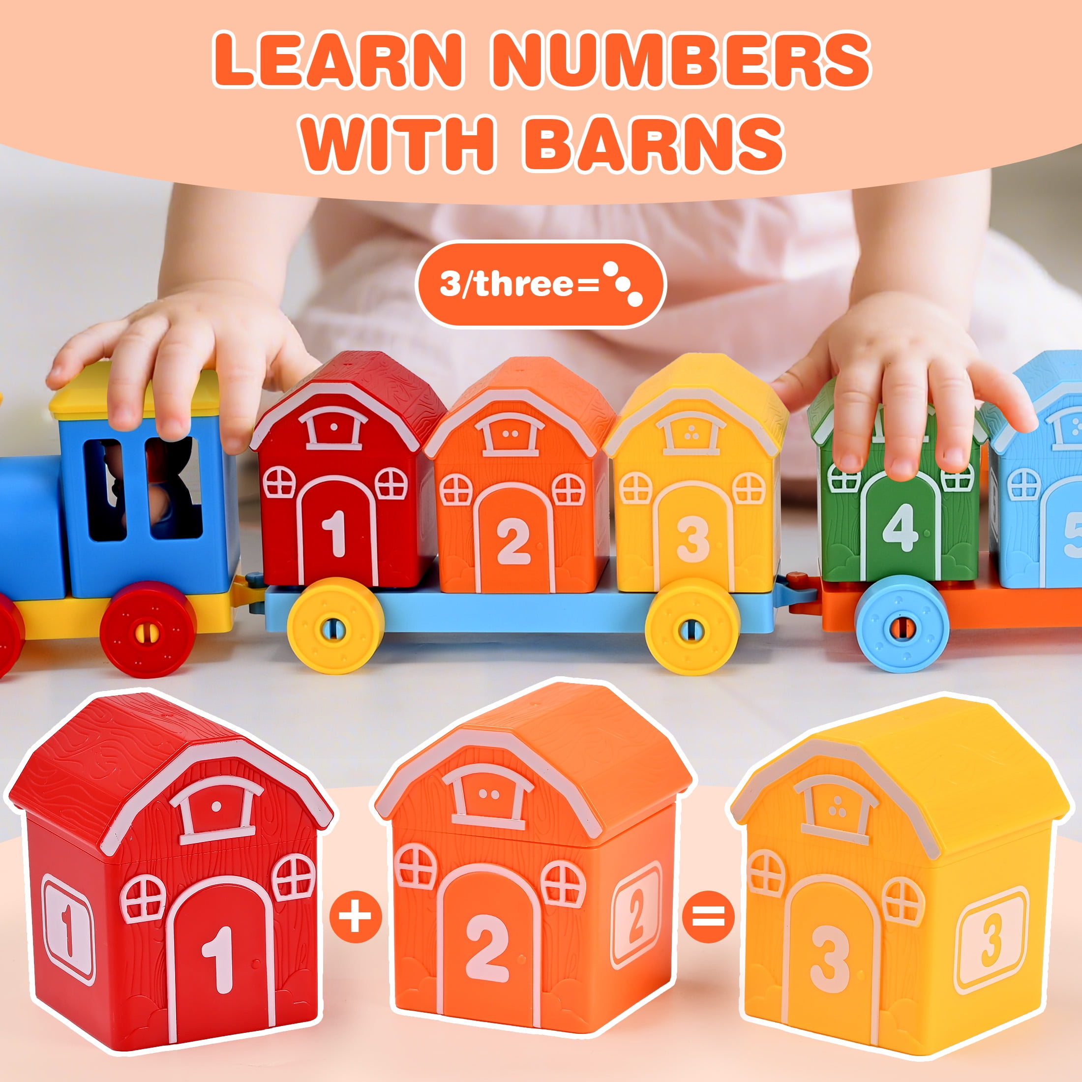 QIAHO Montessori Toys for Toddlers, 20 Pcs Counting, Matching, Sorting Preschool Learning Toy Train Set with Train, Barns and Finger Puppets Birthday Gift for Baby Boys Girls