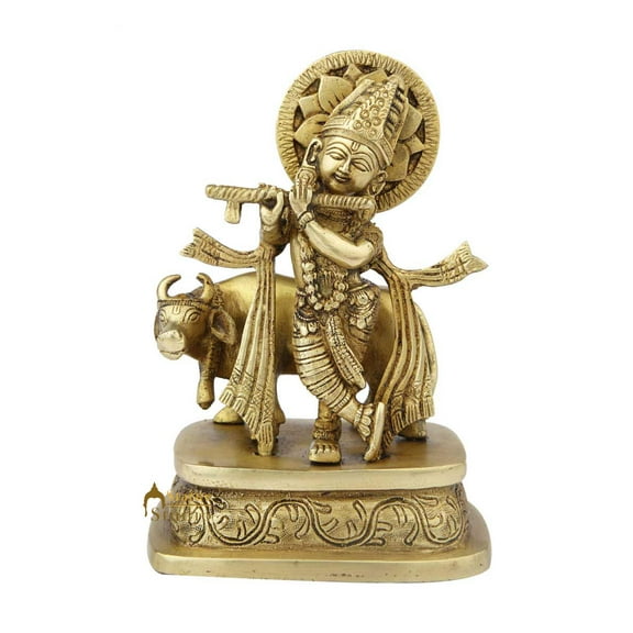 StatueStudio Krishna Murti Flute Playing with Cow Krishna Statue Vastu Religious Figurine For Mandir, Living Room, Office Table and Home Decor Tabletop Gift Item (4 X 3 X 7 Inch)