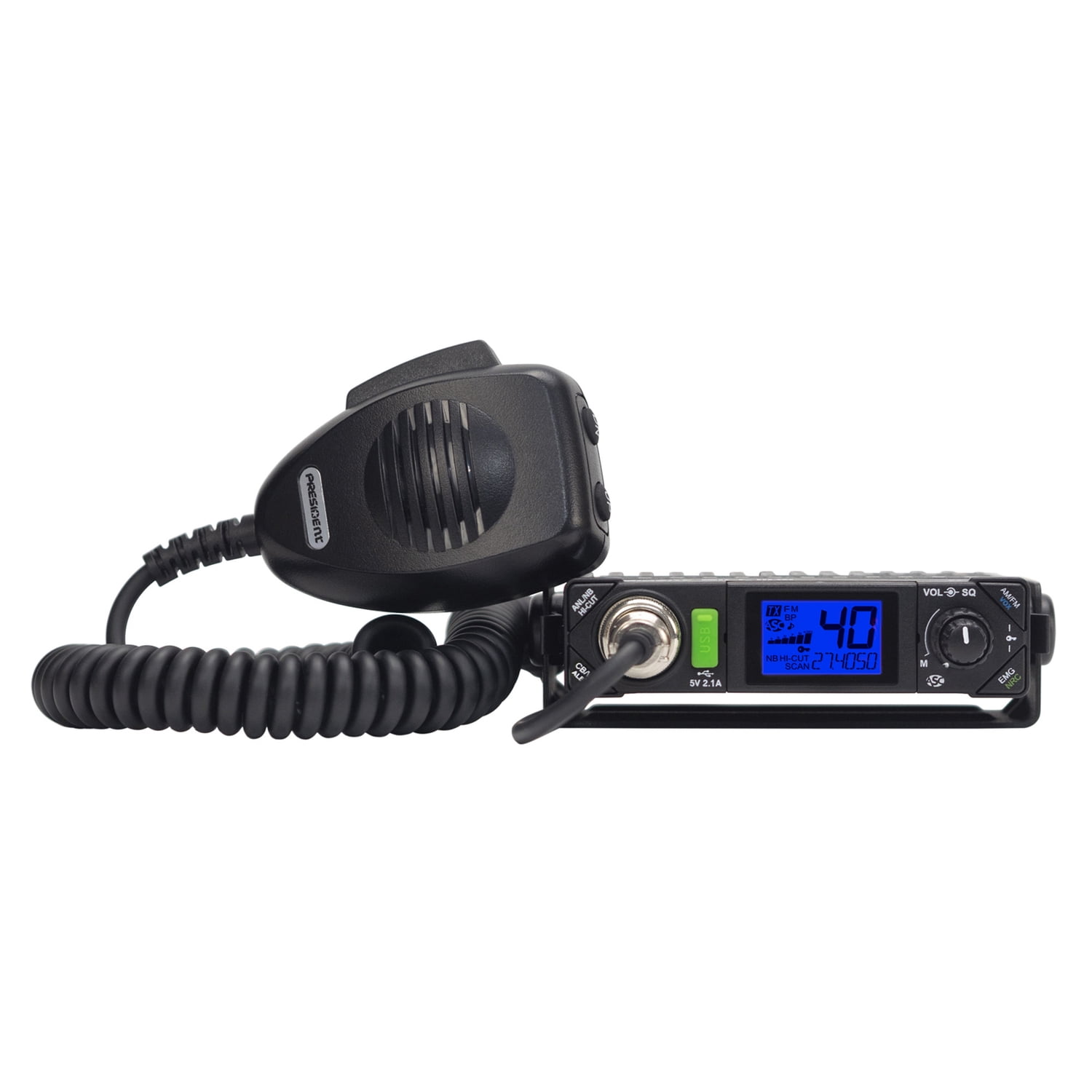 PRESIDENT CB Radio Premium Compact Kit with BILL III FCC 40-Channel AM/FM/Alert CB Radio with P-Channels, Mic, and Virginia Fixed-Magnet-Mount Antenna