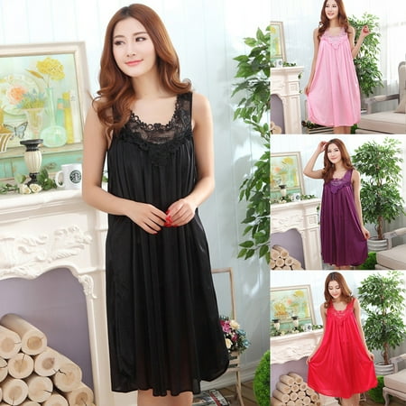 

Naierhg Sexy Women Floral Brim Sleeveless Oversized Knee-length Night Dress Sleepwear