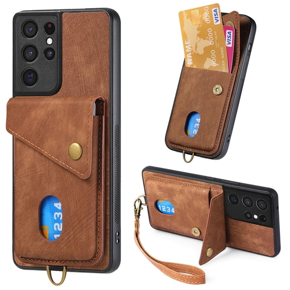 ELEHOLD Wallet Case for Samsung Galaxy S21 Ultra,with Card Slots Detachable Wrist Strap Premium Leather Wallet Phone Case Work with Magnetic Car Mount,Brown