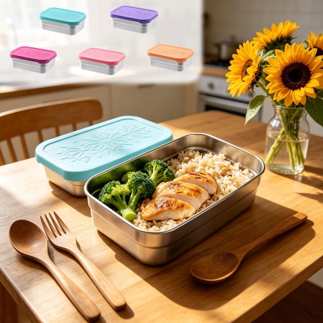 Fufafayo 5 Pcs Boîte à Lunch Bento en Acier Inoxydable, Contenant de Rangement Alimentaire Étanche, Boîte à Lunch Réutilisable pour Préparation de Repas, Couvercle en Silicone Tiffin Portable pour le Travail, Pique-Nique, Voyage