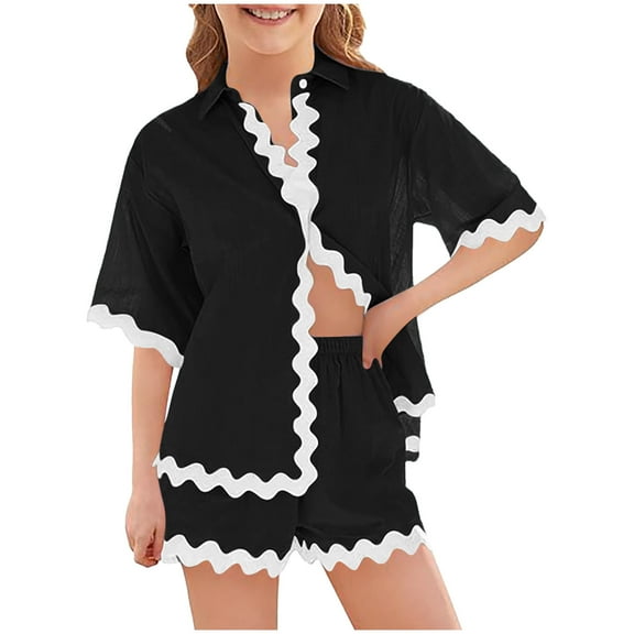 OGLCCG Girls 2 Piece Outfits Cotton Short Sleeve Button Down Shirts and Elastic Waist Shorts Casual Summer Clothing Sets 4-14 Years