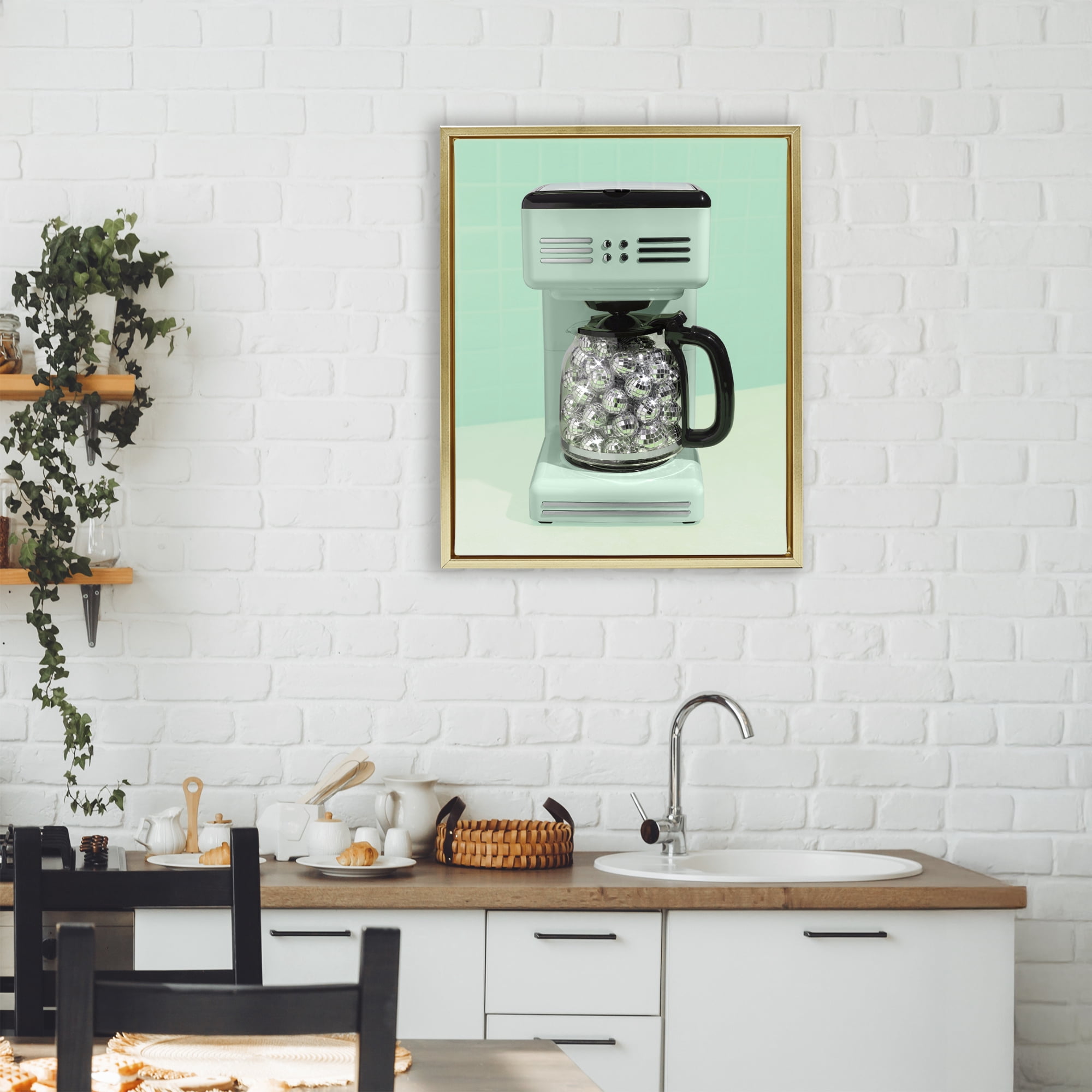 Stupell Industries Disco Coffee Maker over Green Gold Framed Floater Canvas Wall Art, design by LISH Creative