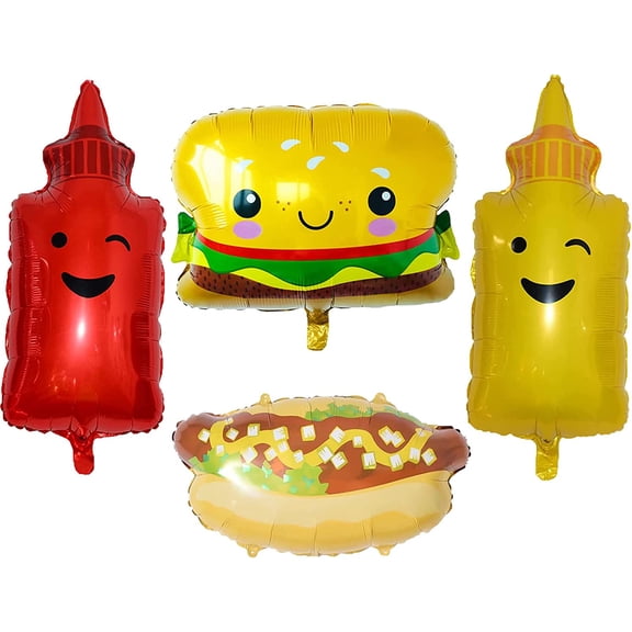 8Pcs Hamburger Hot Dog Ketchup Bottles Mustard Bottles Foil Mylar Balloons Food Balloons for Birthday Barbecue Picnic Cookout Fast Food Snacks Themed Baby Shower Party Decorations Supplies