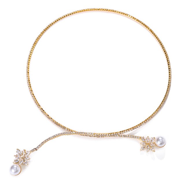Kkkded Women Flower Design Necklace Retro Open Design Women's Necklace - Shining Rhinestones & Cubic Zirconia Inlaid, Flower Shape with Faux Pearls, End - Opening Necklace