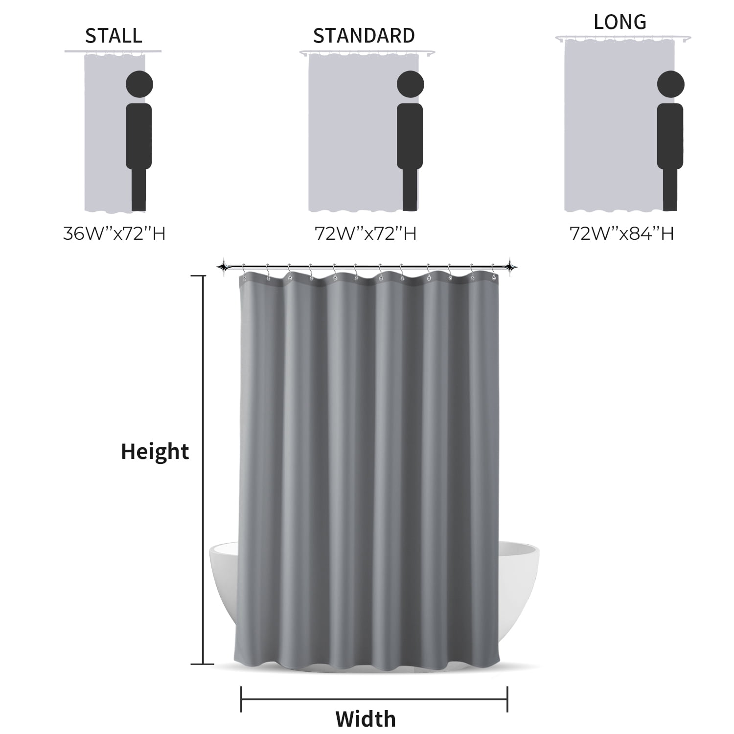 Yiannan Fabric Extra Long Water-Repellent Shower Curtain,Mold Resistant & Machine Washable Shower Curtain liner,72x84 Inches,Gray
