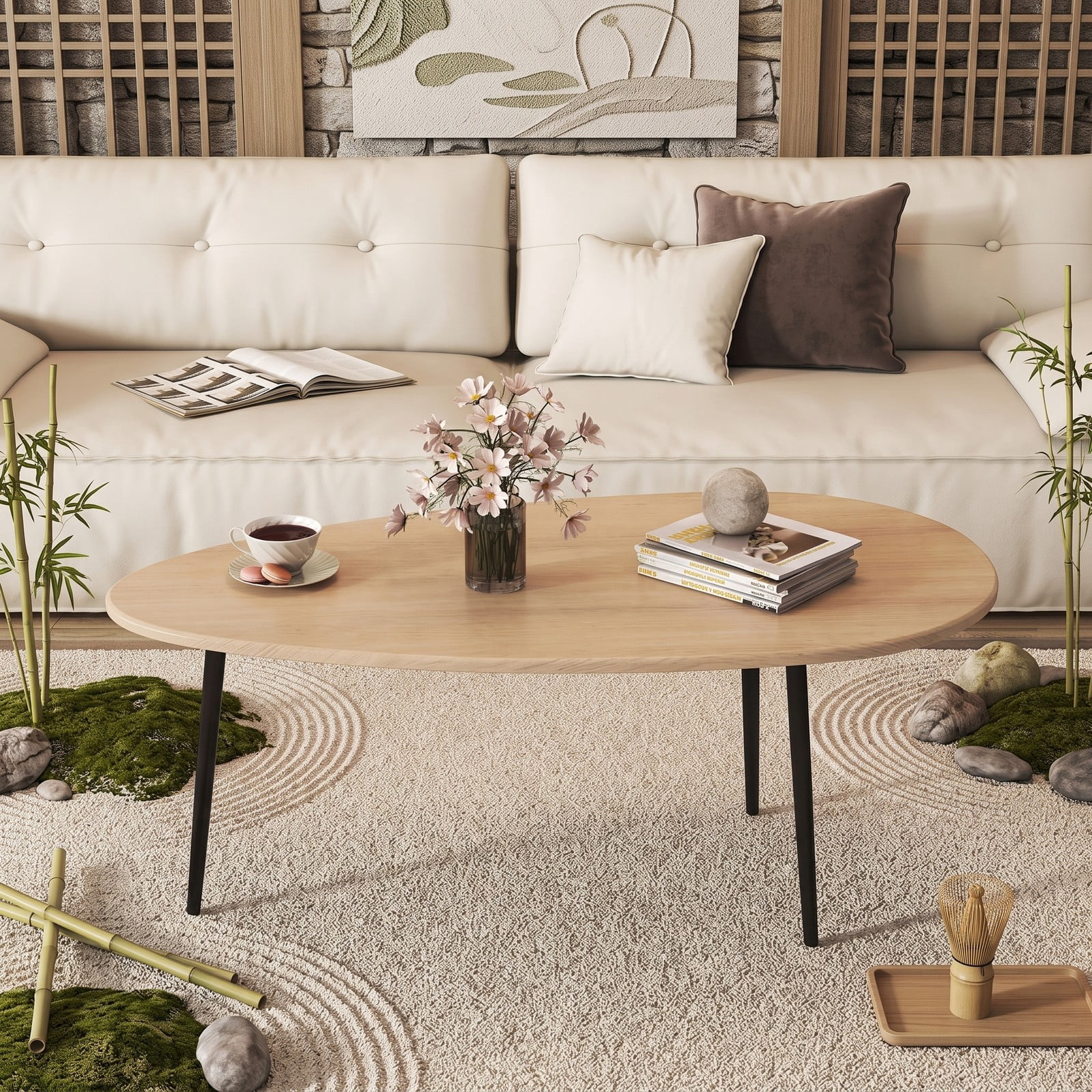 Furnibear Oval Coffee Table Mid Century Center Table with Sturdy Metal Frame, Open Storage Shelf & Adjustable Foot Pads for Living Room, Hallway & Lounge, Natural