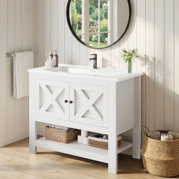 4 EVER WINNER 36" Bathroom Vanity with Sink, White Farmhouse Bathroom Storage Cabinet with X-shaped Barn Door, Ceramic Sink Top, Open Shelf, Modern Bathroom Vanity for Bathroom Laundry Room