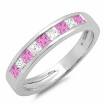 0.75 Carat (ctw) 14K White Gold Princess Cut Pink Sapphire & White Diamond Ladies Anniversary Wedding Band Stackable Rin