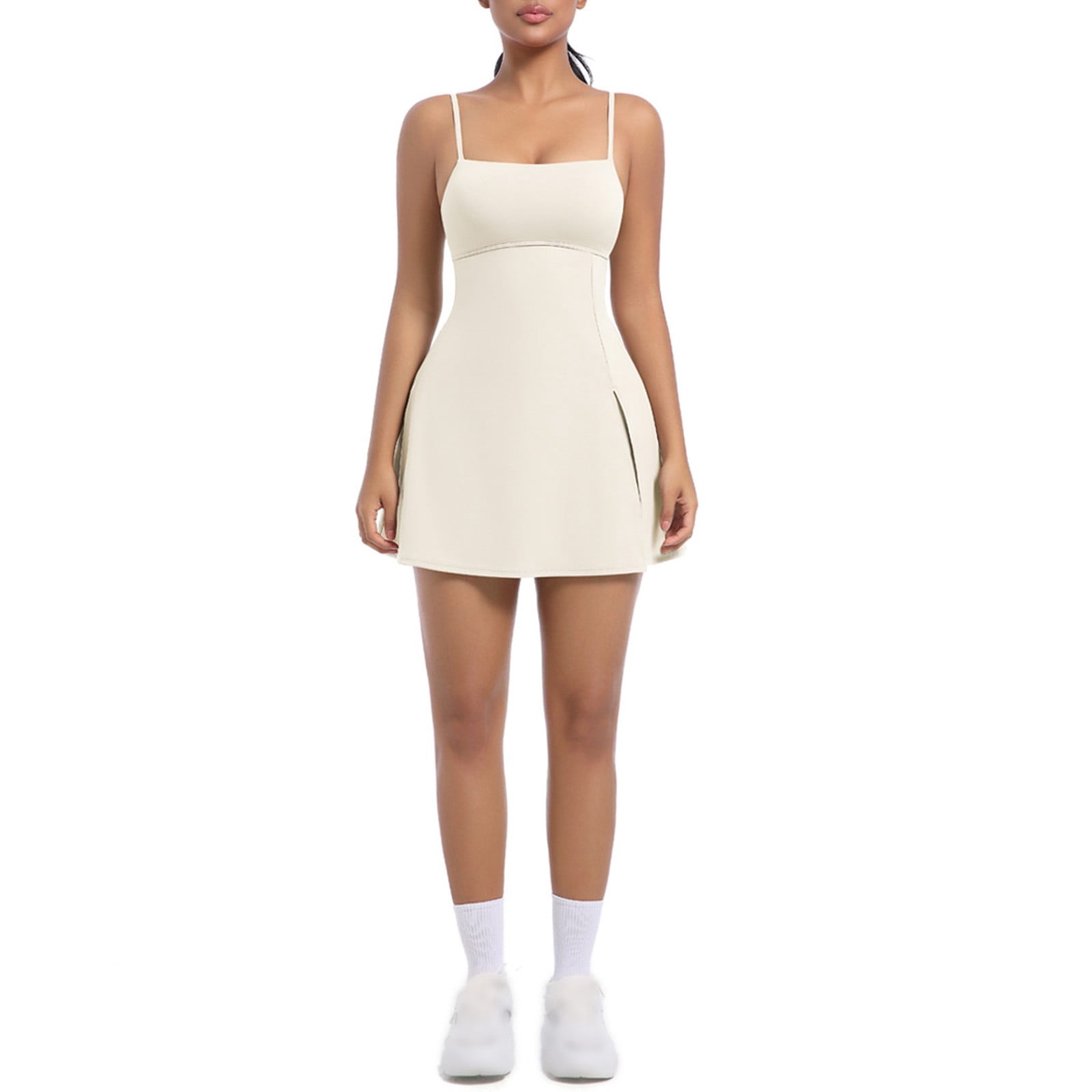 jtjvou Women's Tennis Mini Dresses Workout Golf Athletic Sleeveless Backless Spaghetti Strap Slit Dress with Built in Shorts Beige M
