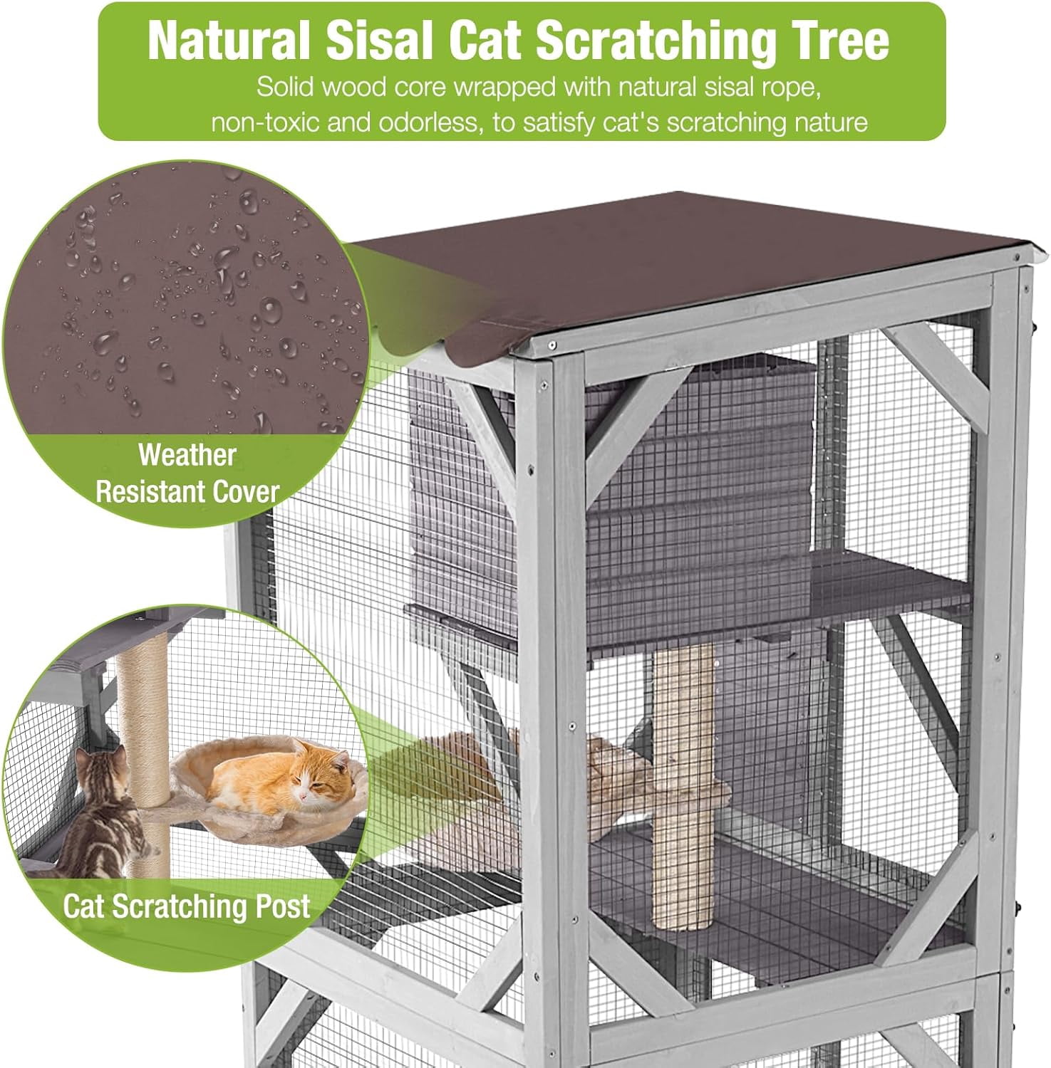 MEDEHOO Catio Outdoor Cat Enclosure Mobile Cat House Indoor On Wheels with Scratch Post, Hammock, Resting Box, Platform, Tarp Roof 62.8", Grey