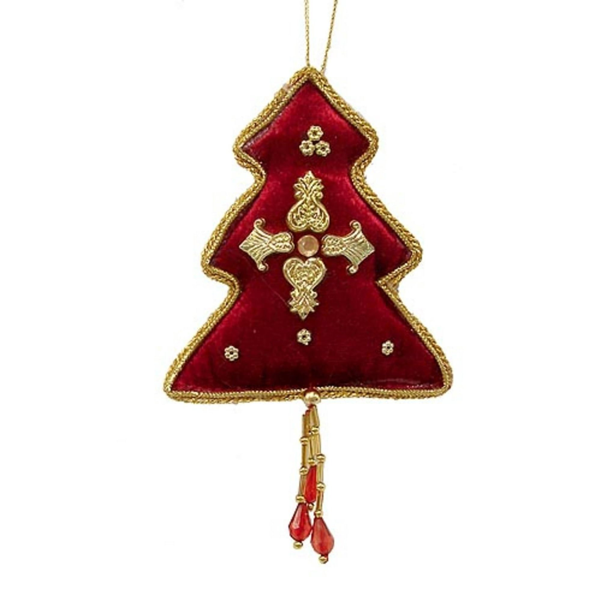Burgundy And Gold Velvet Tree Christmas Ornament With Tassel