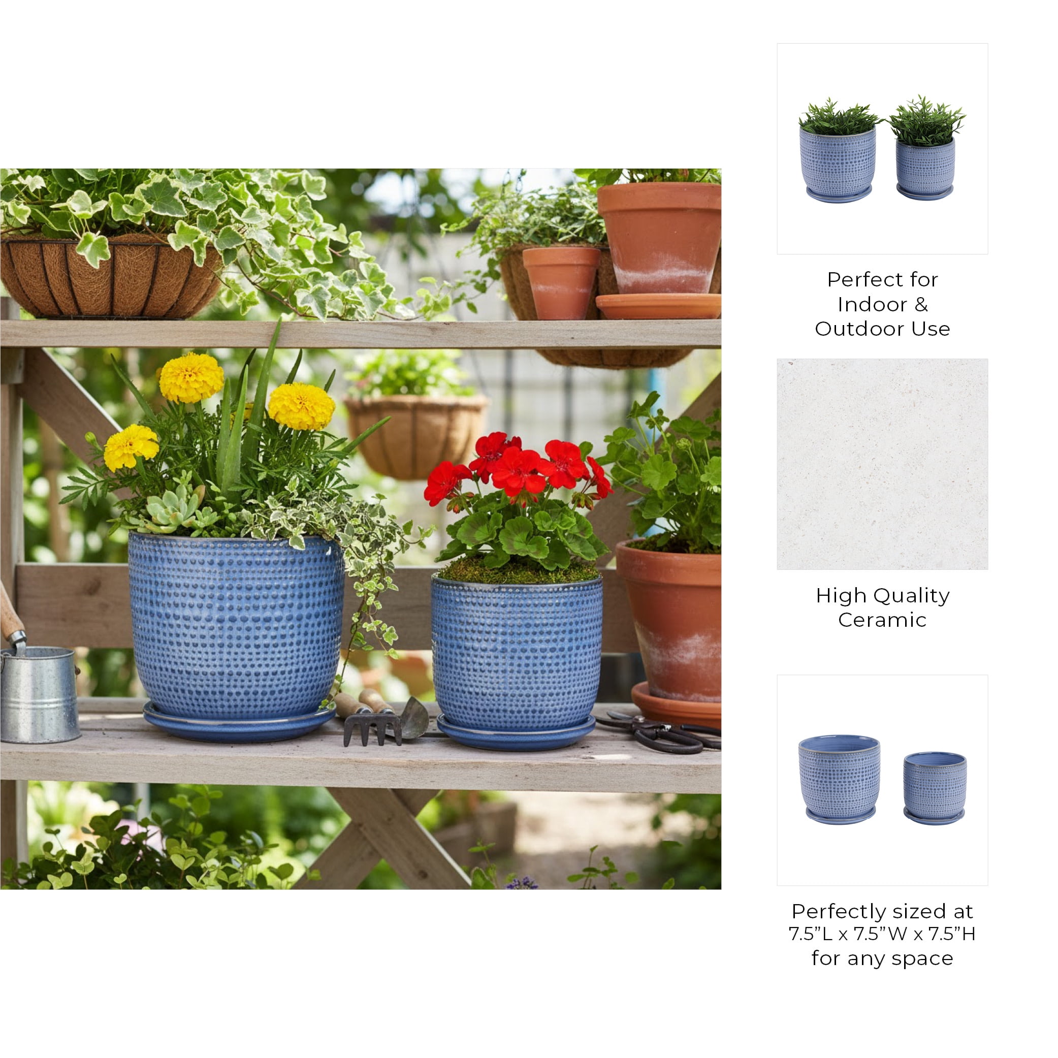 Decorative Ceramic Flower Pots Planters with Saucer - Stylish Modern Indoor and Outdoor Plant Pots for Home Decor - Pots for Plants for Living Room, Patio Plant Stand - Set of 2, 7", 6", Blue
