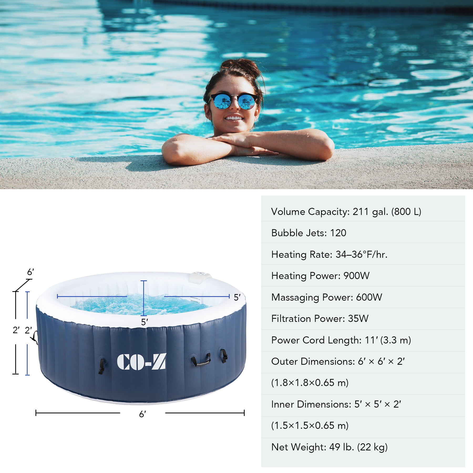 CO-Z 6x6ft PVC Round Inflatable Spa Tub w Heater & 120 Massaging Jets for Patio & More for 4-person Blue