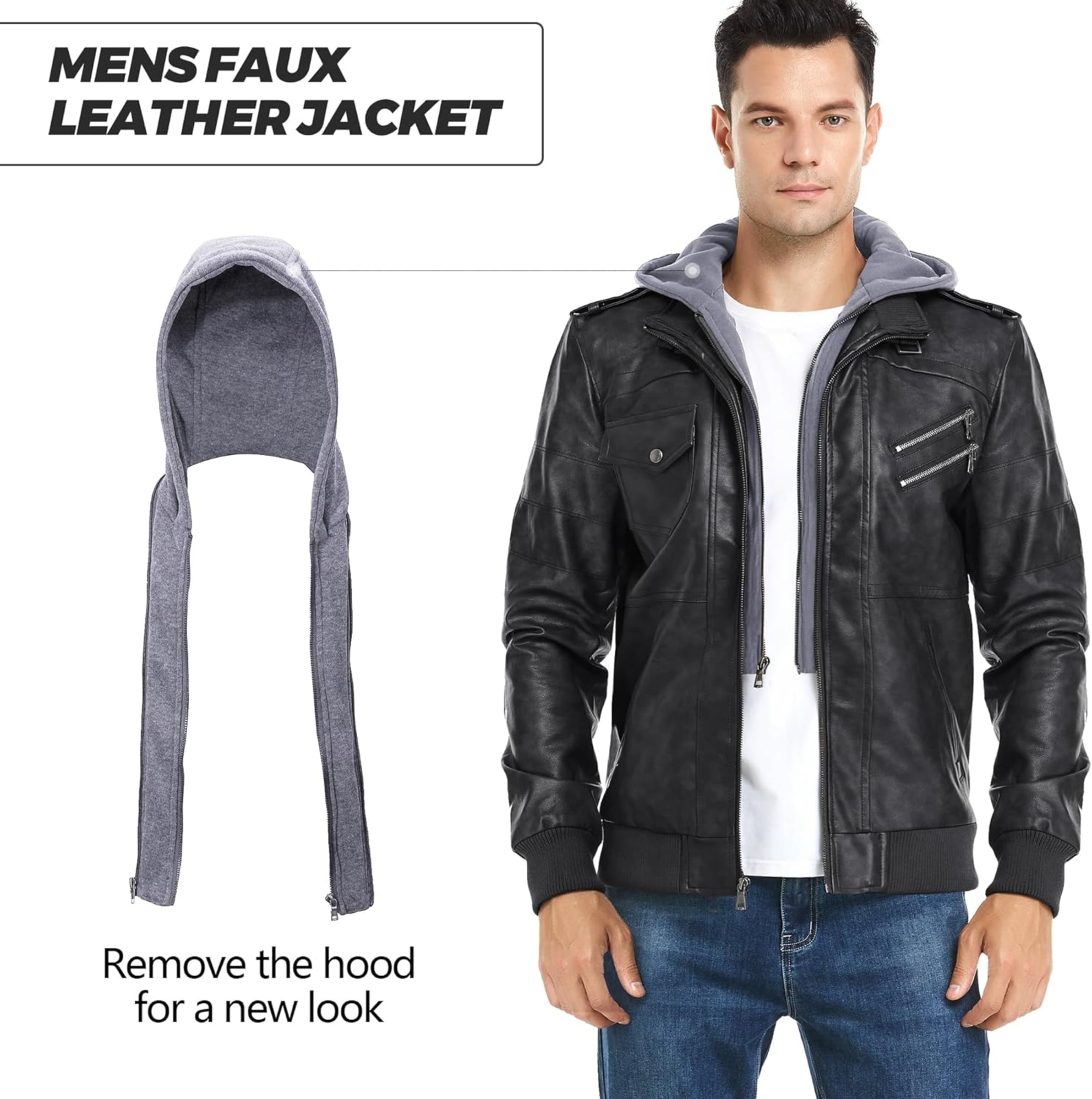 Eagles Men's Casual Stand Collar PU Faux Leather Zip-Up