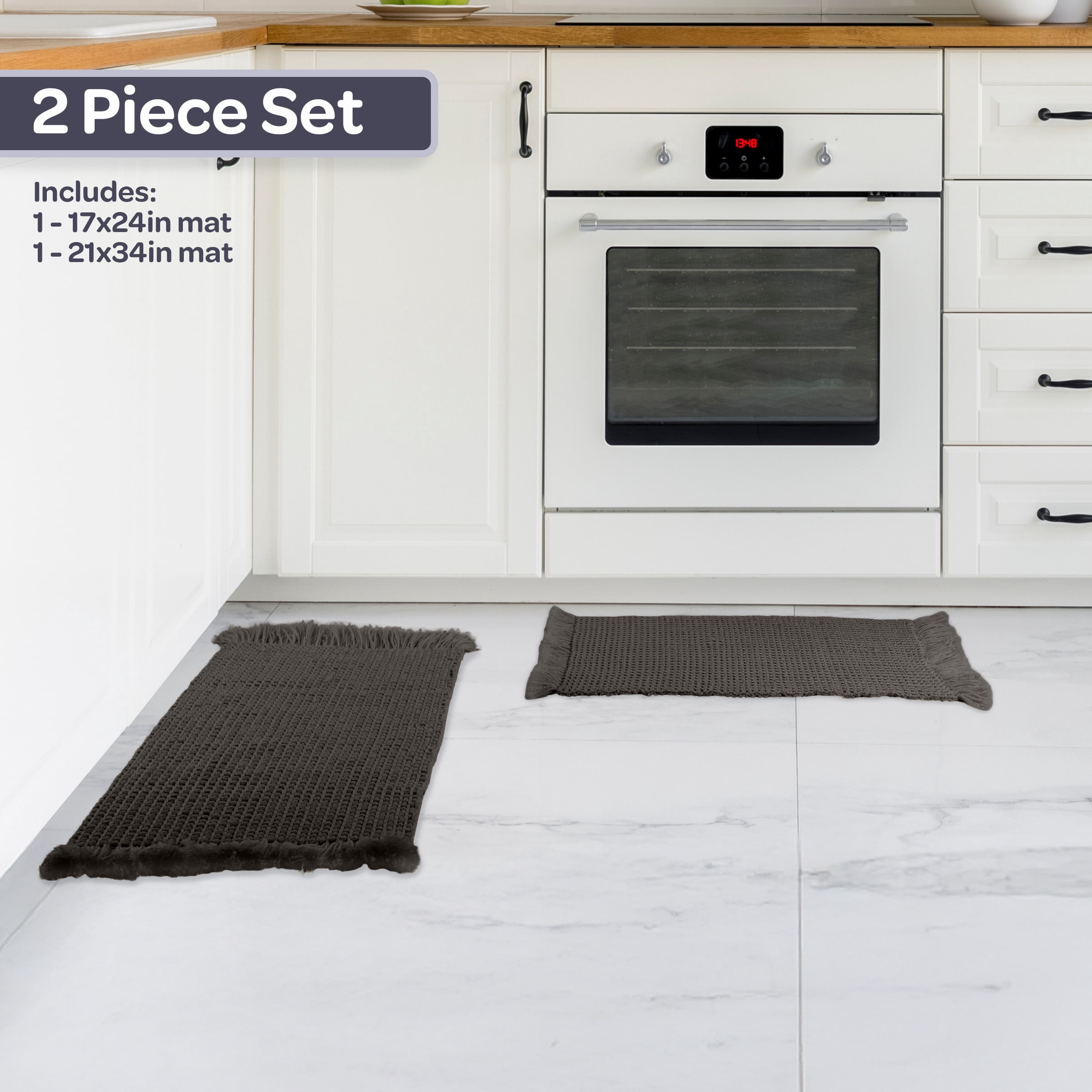 Lavish Home 2PC Waffle Bath Mat Set - Washable Bathroom Rugs (Charcoal)