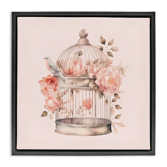 Stupell Industries Bird Cage with Rose Blooms Botanical & Floral Painting Black Floater Framed Canvas Art Print Wall Art, 18 x 18