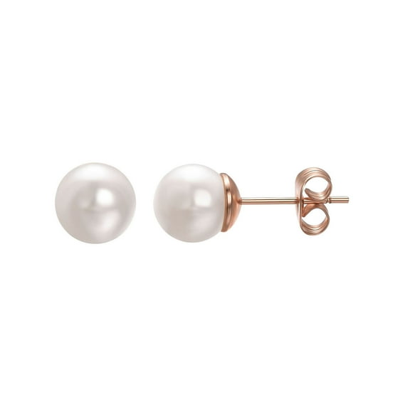 Vogem Pearl Earrings for Women Stud White Round Freshwater Cultured Pearl 8mm Ear Studs Valentines Day Anniversary Present 18ct Rose Gold Plated