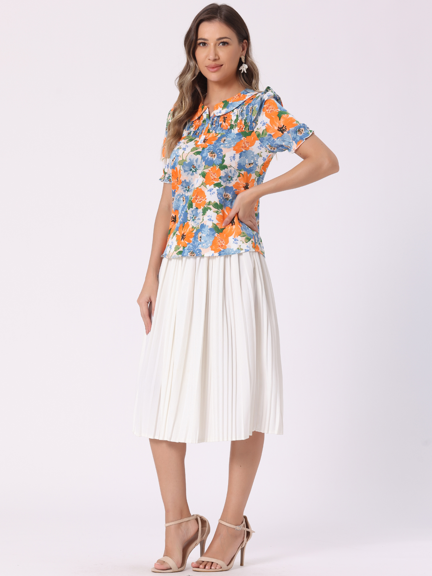 DARING DIVA Women's Puff Short Sleeve Ruffle Vintage Floral Blouses S Orange Blue