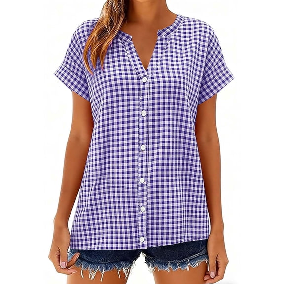 Wowcloth Womens V-Neck Short Sleeve Plaid Button Down Shirt, Cotton Casual Blouse for Office and Daily Wear