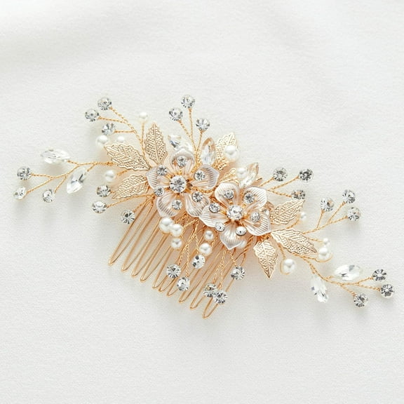 Flower Bride Wedding Hair Comb Pearl Bridal Hair Accessories Crystal Hair Piece Jewelry Leaf Gold Headpiece Rhinestones Handmade Wedding Hair Accessories for Women and Girls