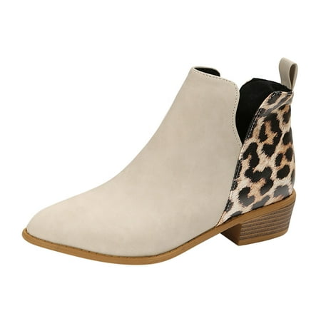 

GNEIKDEING Ladies Vintage Leopard Print Patchwork Pointed Side Zipper Chunky Heel Ankle Boots Gift on Clearance