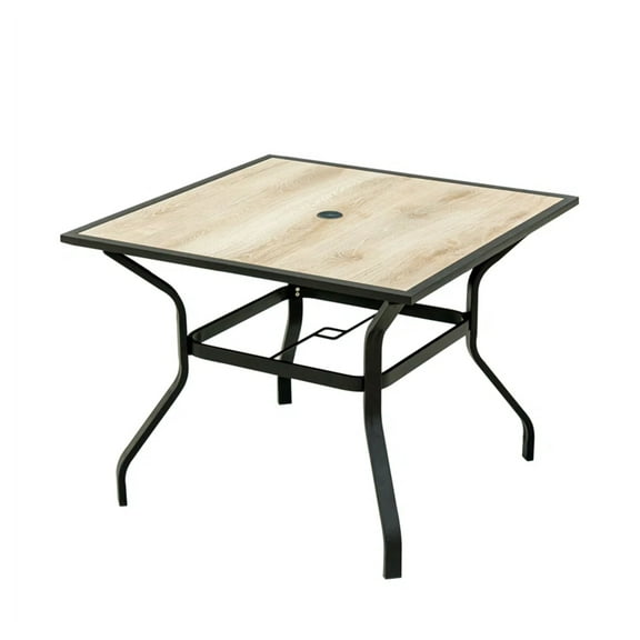 Square Metal Patio Dining Table with Umbrella Hole - Outdoor Wood-Look Table for Garden, Backyard, Porch & Balcony
