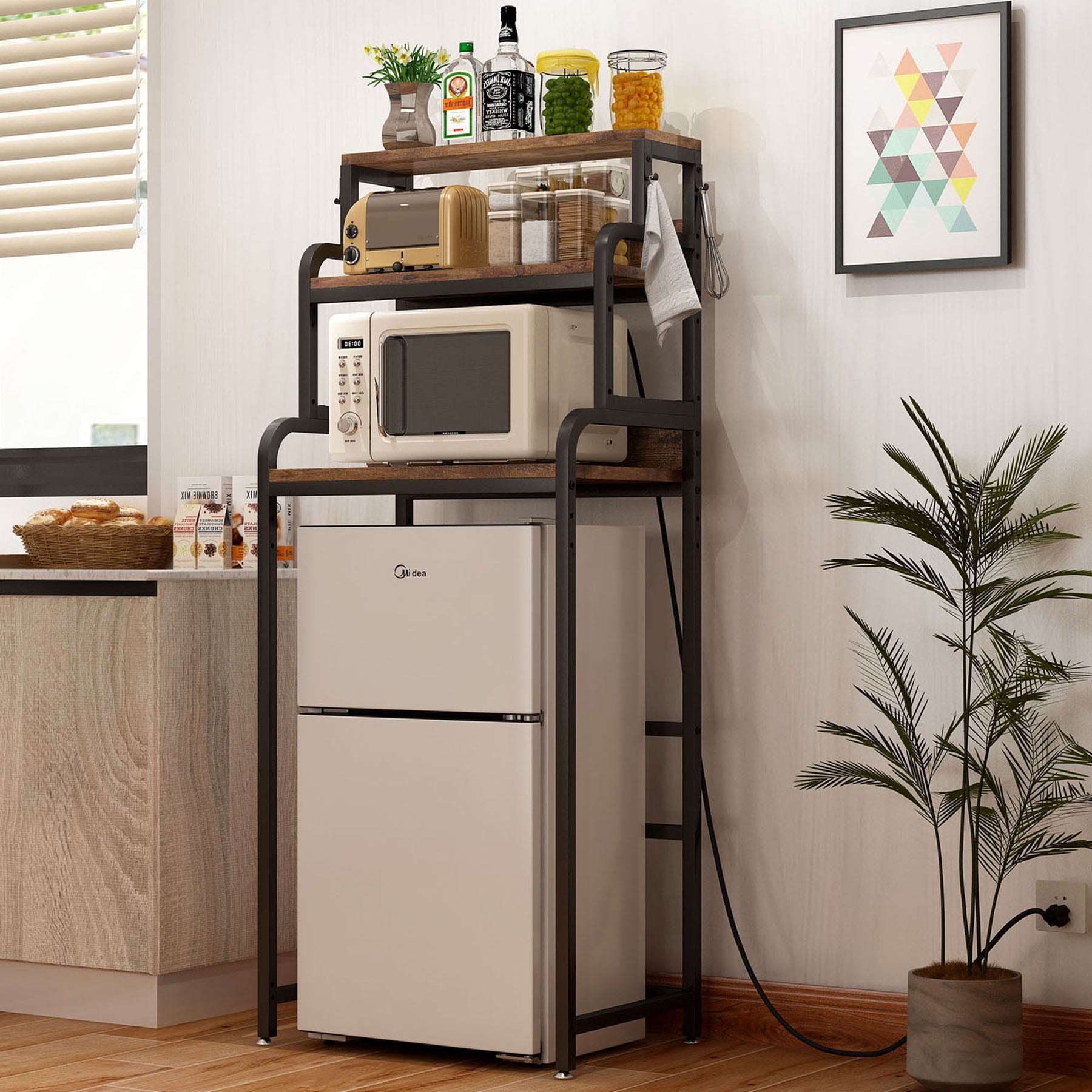 S-HOME Vintage 4-Tier Mini Fridge Stand, Brown, Large Storage Space, Microwave Oven Use