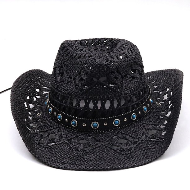 Sombrero de paja de vaquero Qarigey para mujer sombrero de playa de ala ancha Negro M 56-58 cm