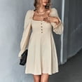 thumbnail image 3 of Vestido de manga larga para mujer, estilo francés, elegante, con cuello cuadrado, manga abombada, corte entallado, vestido de corte A para fiesta nocturna, color caqui S, 3 of 8