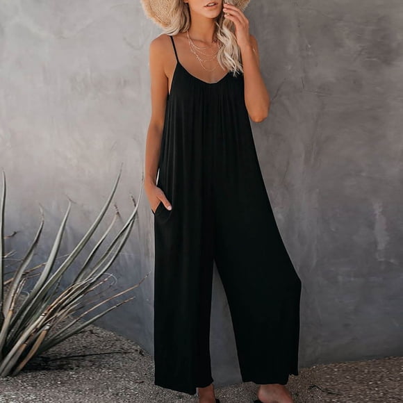 zanvin Women's Plus Size Solid Color Pocket Casual Jumpsuit, Black, XL