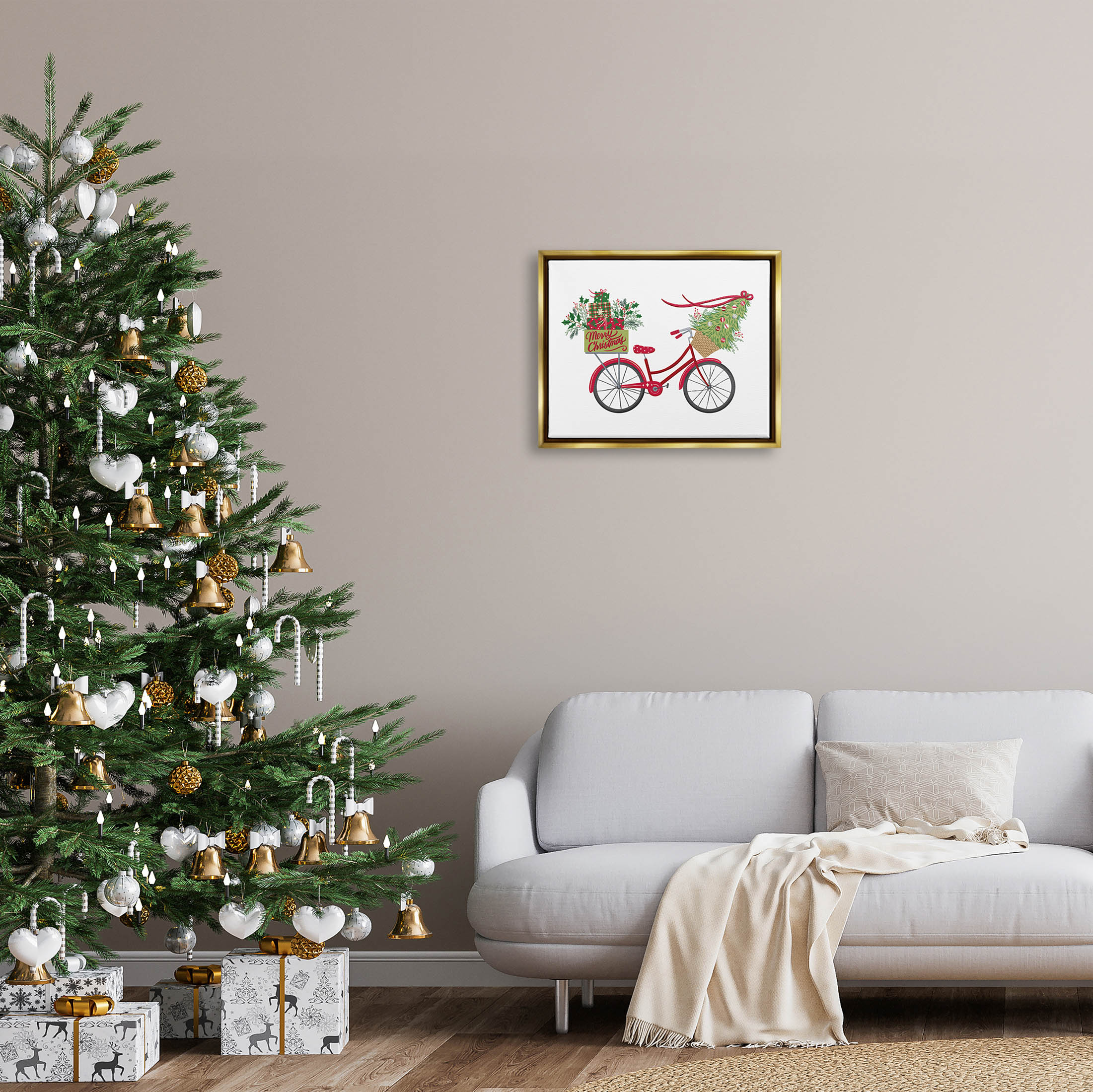Stupell Industries Merry Christmas Seasonal Bicycle Graphic Art Metallic Gold Floating Framed Canvas Print Wall Art, Design by Amanda McGee