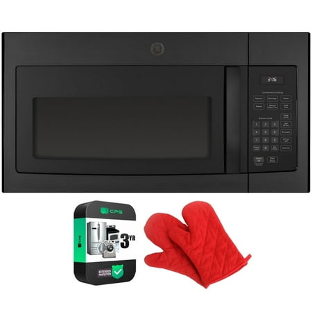 GE JVM3160DFBB 1.6 Cu. Ft. Over-the-Range Microwave Oven Black Bundle with Deco Chef Pair of Red Heat Resistant Oven Mitt and 3 YR CPS Enhanced Protection Pack
