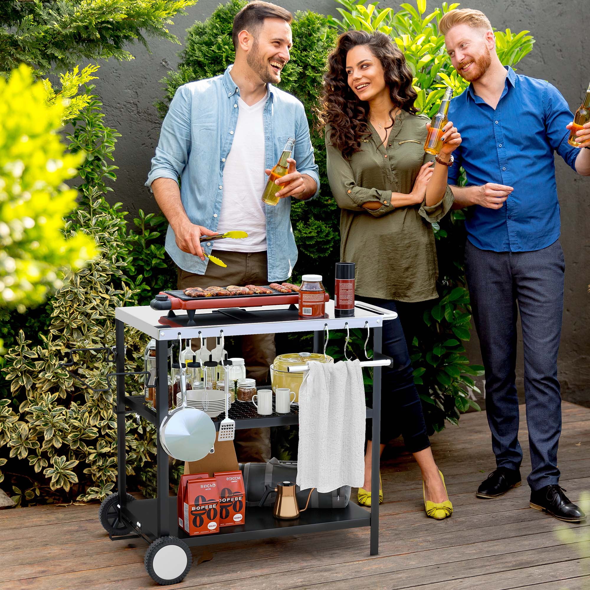 Uforic Rolling Outdoor Grill Table with Wheels, 3 Shelf Pizza Oven Cart, Outside Food Prep Stand