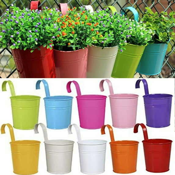 D-GROEE Hanging Flower Pots, Balcony Garden Plant Planter Metal Iron Flower Seedlings Brigade Fence Bucket Pots Hanger Planter for Home Decor