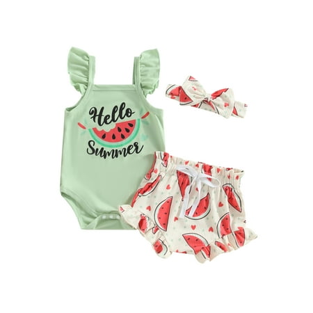 

Xsylife Baby Girls 3Pcs Summer Outfits Sleeveless Ruffle Romper + Watermelon/Striped Shorts + Headband Set